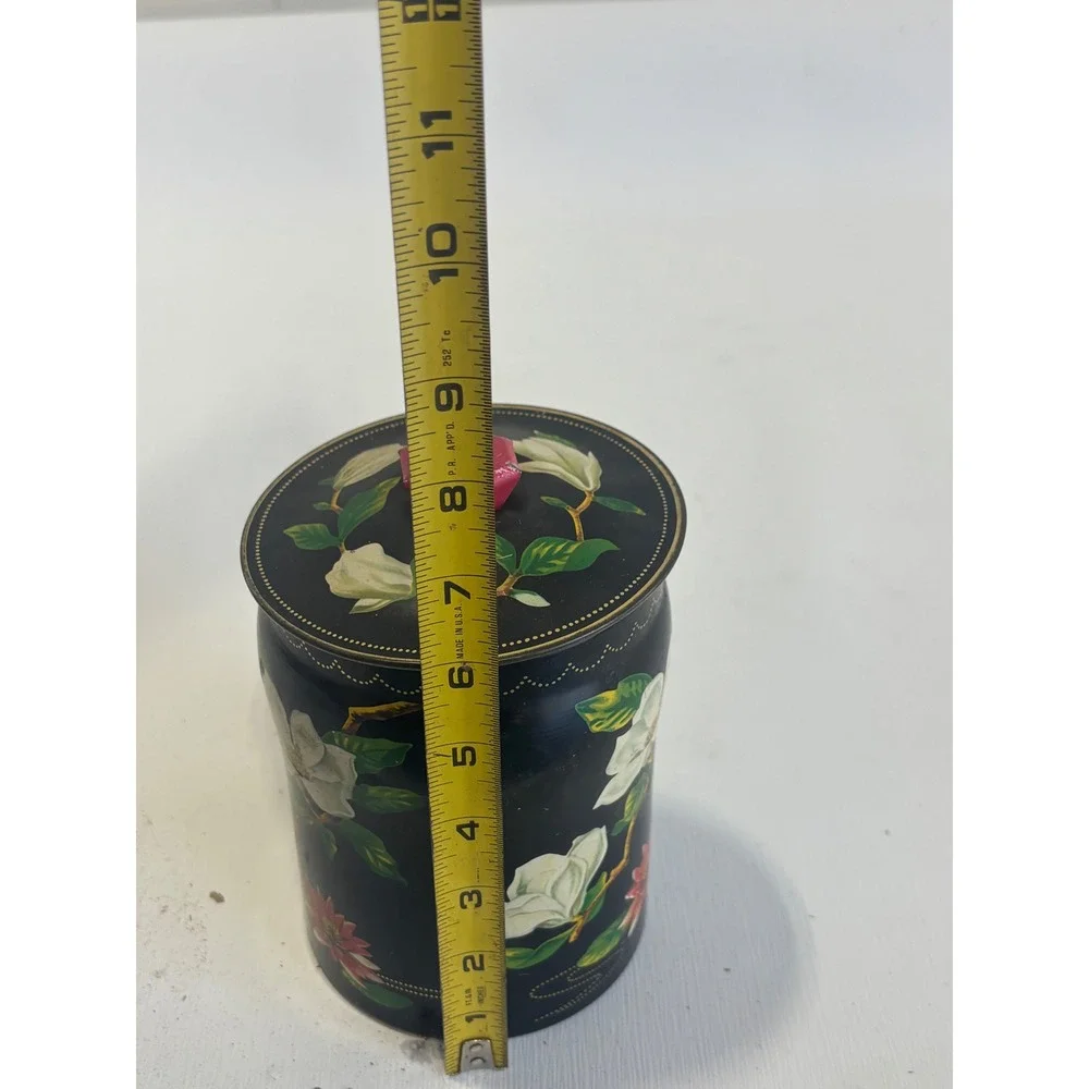 Vintage George W Horner Magnolia Floral Toffee Tin Made in England Black‎ Metal